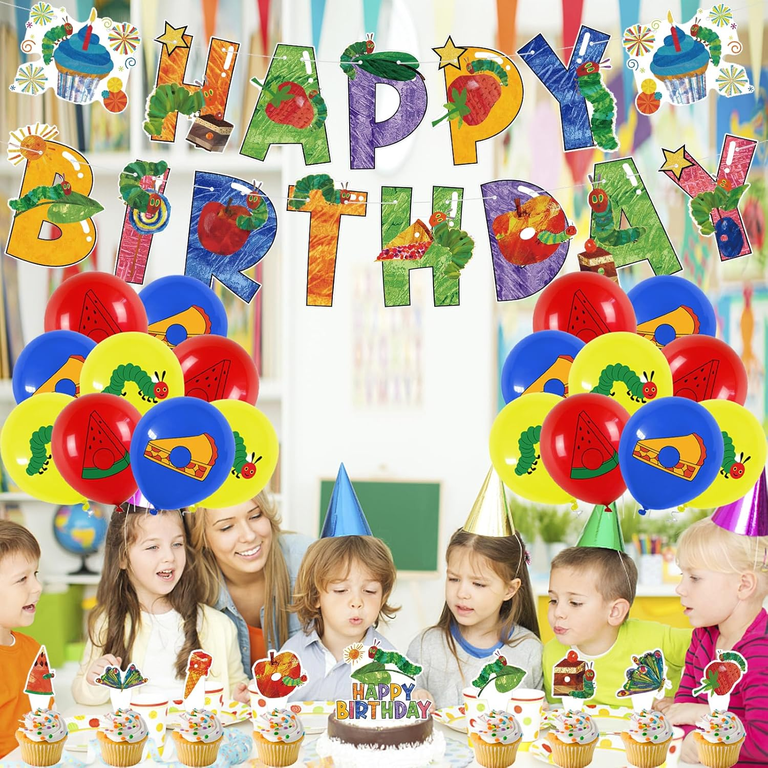 The Very Hungry Caterpillar Birthday Balloons, Banner, Cake Toppers - Bright, Cartoon, Includes Balloon Bow image number 6