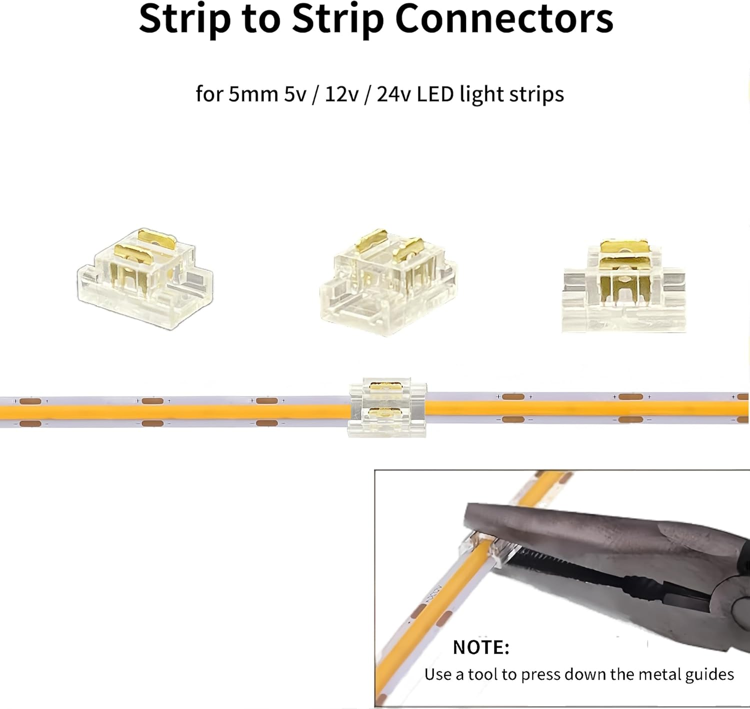 Clearhill 5Mm 2Pin 24PCS Press-In Assembly COB LED Strip Connector Corner Kit,14Pcs Strip to Strip Connectors,6Pcs L-Shape Connectors,4Pcs Strip to Wire +10Cm Cable Connectors,For 5V 12V 24V Strip. image number 2