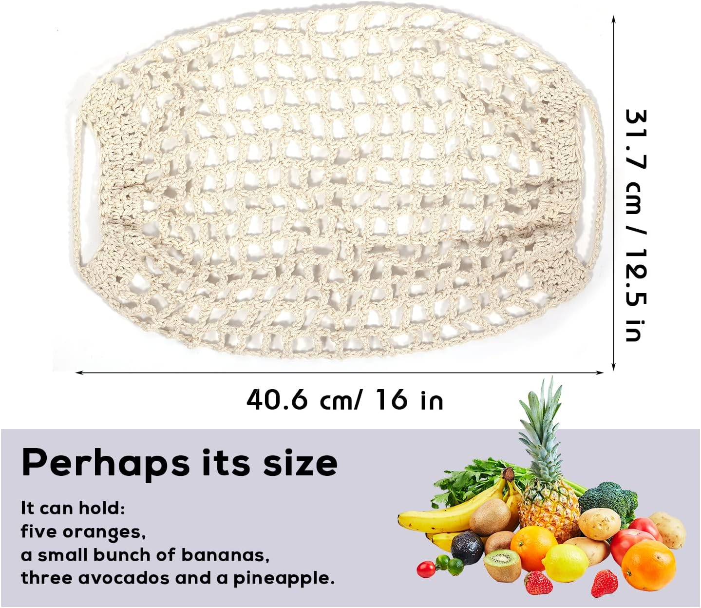 SAVITA 12.5X16Inch Hanging Fruit Hammock, Fruit Holder Hanging with 2 Hooks 100% Cotton Handmade Woven Space-Saving Fruit Basket under Cabinet for Kitchen Ship Storage image number 2