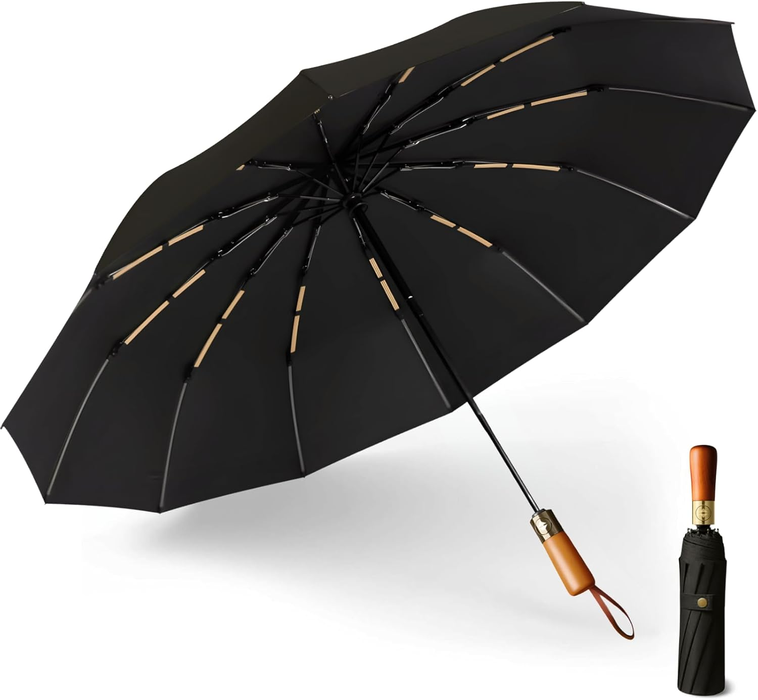 Windproof 12-Rib Auto-Opening Umbrella with Wooden Handle &ndash; Compact Folding Umbrella for Travel, Strong Rain and Sun Protection, UPF UV, Large Portable Golf Beach Parasol