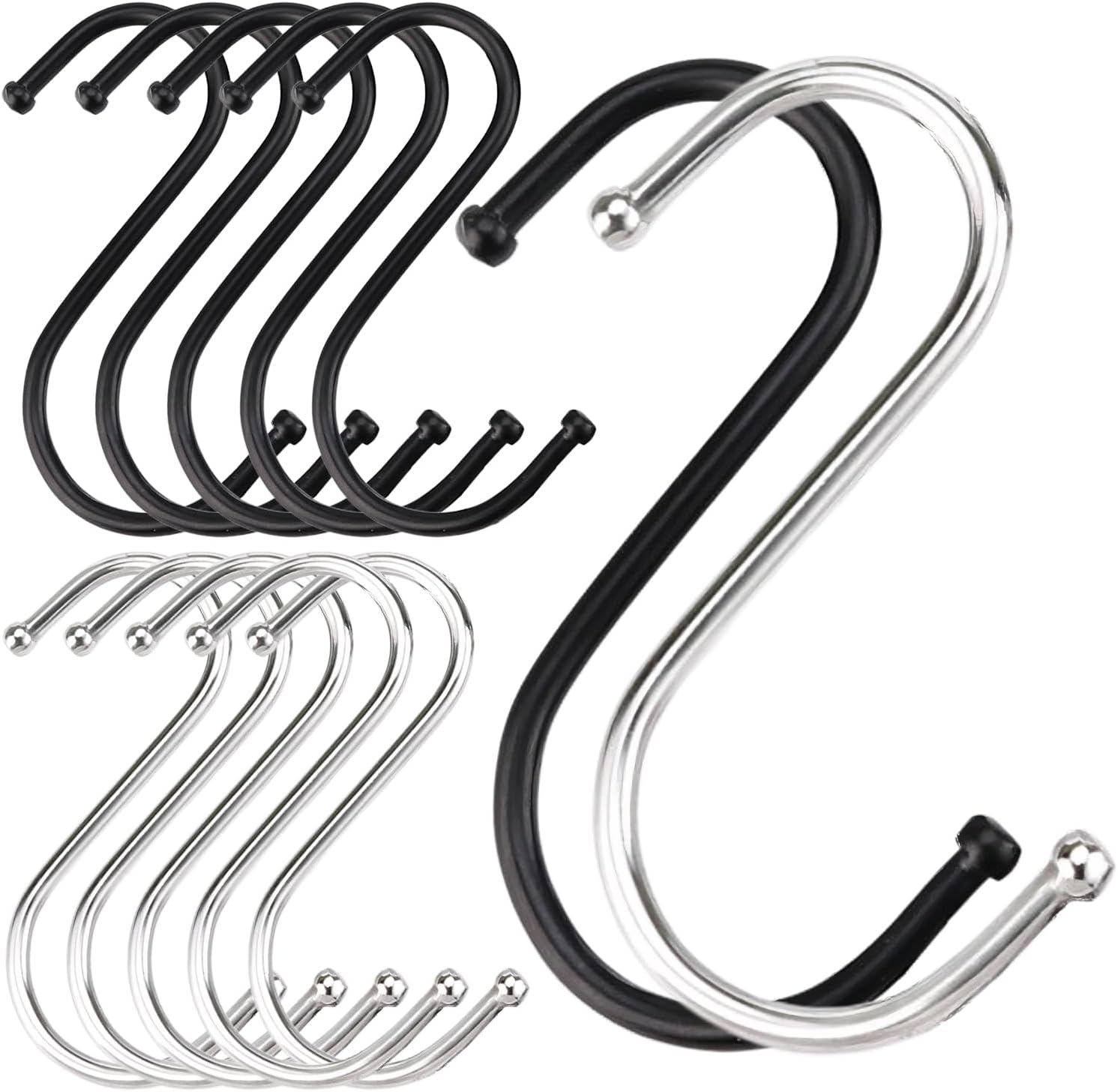 12 Pack S Hooks Heavy Duty - 6 Black & 6 Silver Metal Hooks for Hanging, Garage, Kitchen, Organizer, Outdoor, Hanging Plants, Keys, Tools, Towels - Rust Resistant Sturdy Hooks image number 4