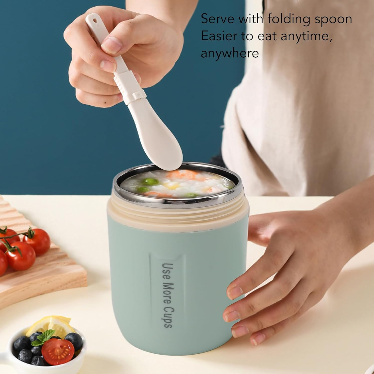Insulated Food Jar, 500Ml Kids' Vacuum Triple Layer Insulated 304 Stainless Steel Food Jar, Leakproof Lid Soup Thermos for Hot Food with Folding Spoon, for Hot & Cold Food (Mint