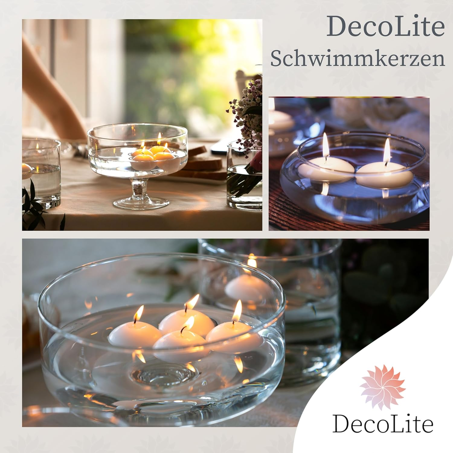 24 X Decolite Floating Candles, 30 X 45 Mm, White & Ivory, Floatable, RAL Certified, Soot-Free & Drip-Free, Decoration for Wedding, Summer Party, Wellness, Table Decoration, Practical (Cream) image number 1