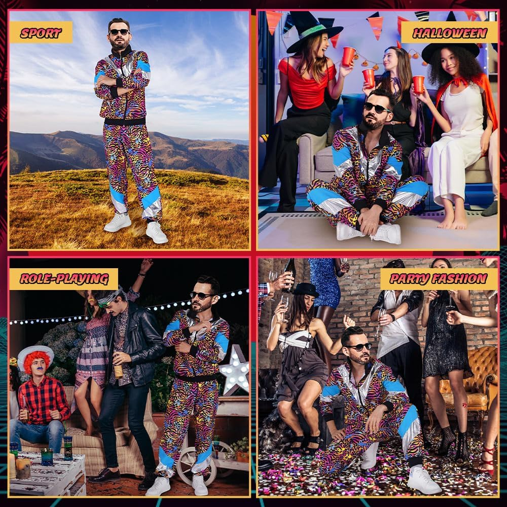 AUTOWT 70S 80S Shell Suit with Leopard Pattern, Women Men Lightweight Long Sleeve Zippered Jacket Pant Set, Color Block Retro Disco Sportswear Hip Hop Tracksuit for Rock Festivals Carnival Party image number 5