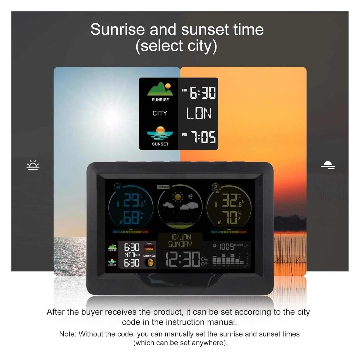 Wireless Weather Station Digital Home Temperature Humidity Meter Sun Time Tide Moon Phase Barometer Clock Forecast Trend Sesnor