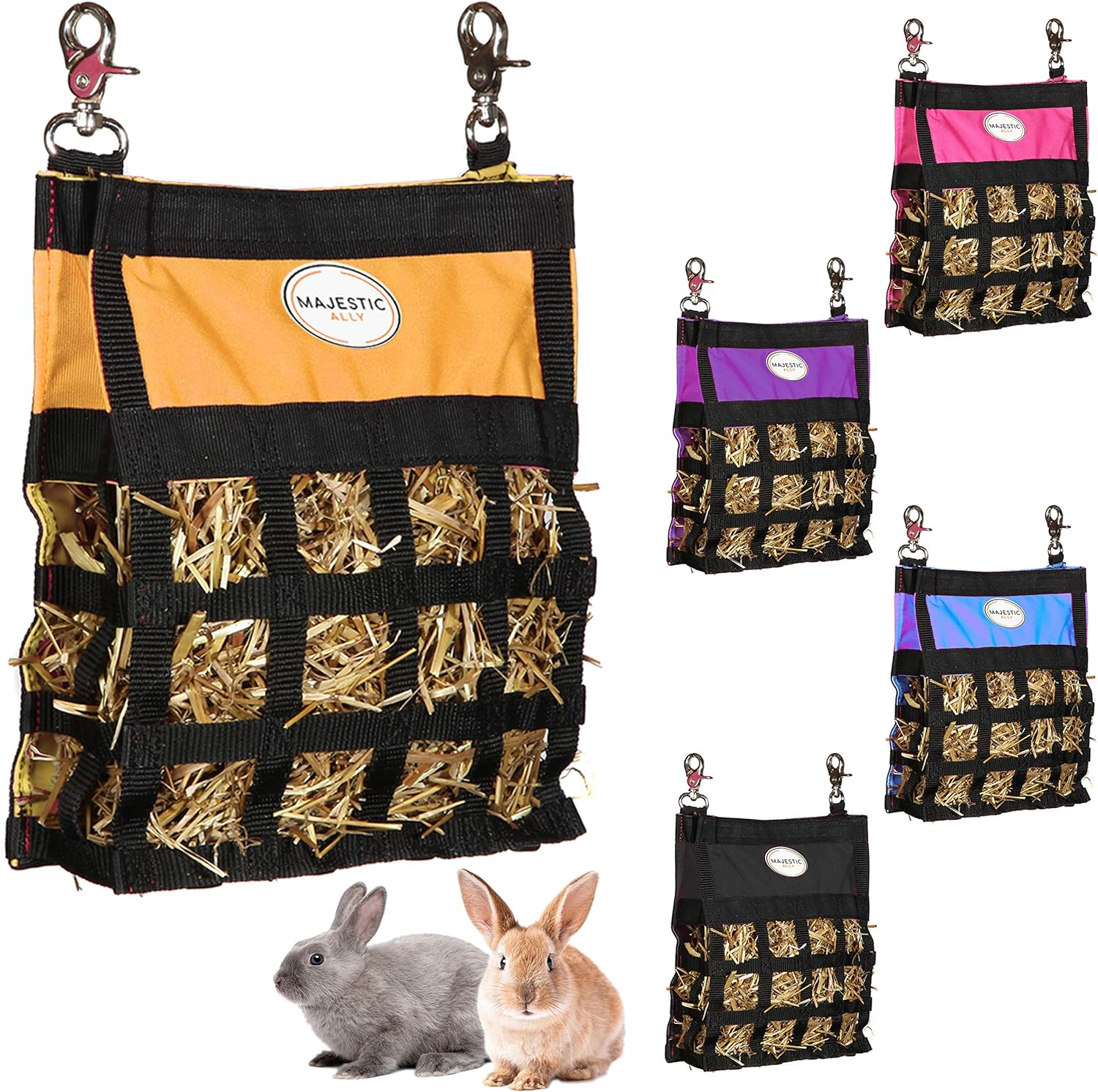 Majestic Ally Guinea Pig Hay Feeder &ndash; Rabbit Hay Feeder &ndash; Premium Quality Highly Durable Nylon &ndash; Three Side Open Slow Feed Hay Bag for Small Animals &ndash; 5 Lovely Colors (Orange)