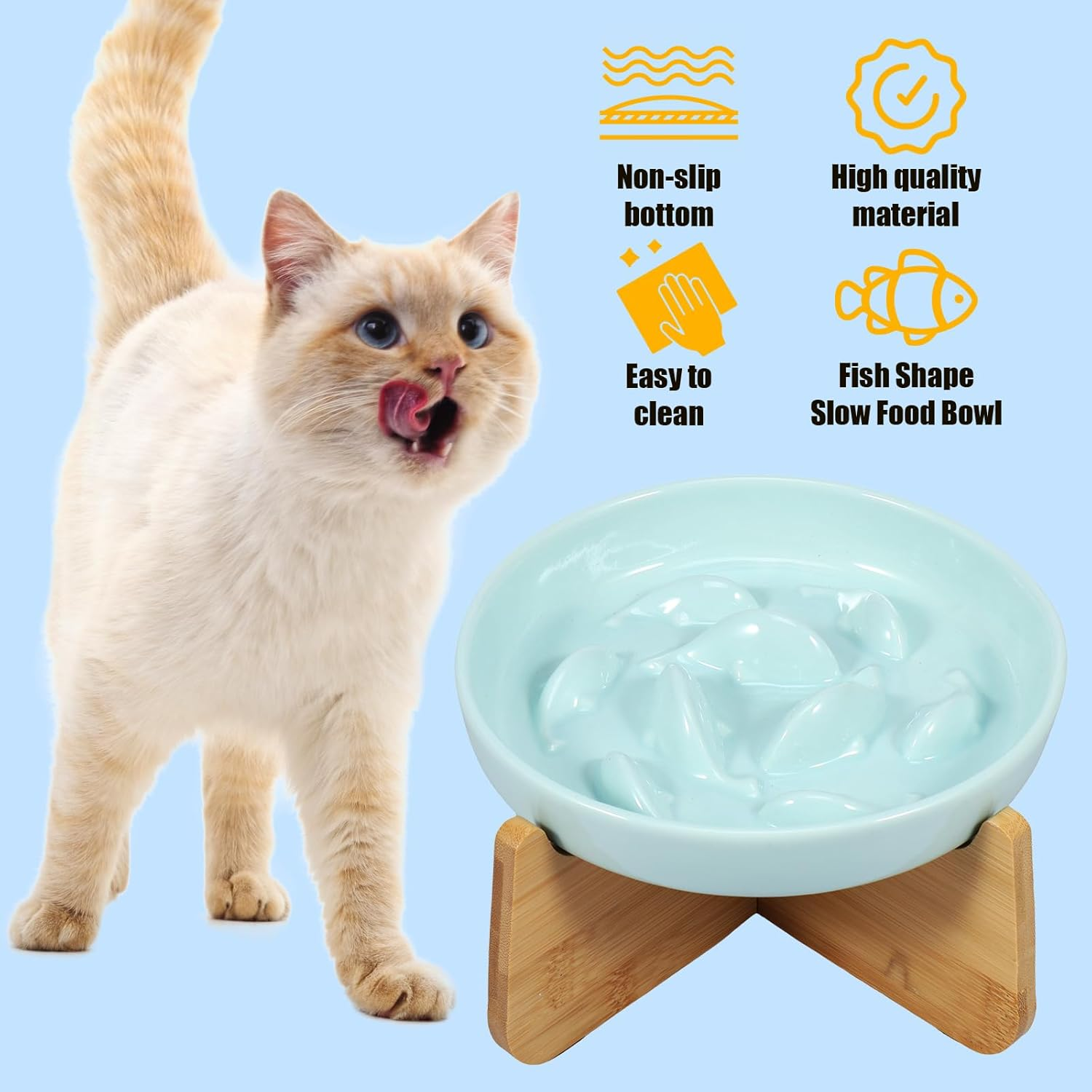 DJAPWPX Raised Cat Bowl with Wood Stand - Ceramic Elevated Cat Slow Feeder Bowl - anti Vomiting Non-Slip Slow Eating Dish Feeder (Light Green) - White image number 5