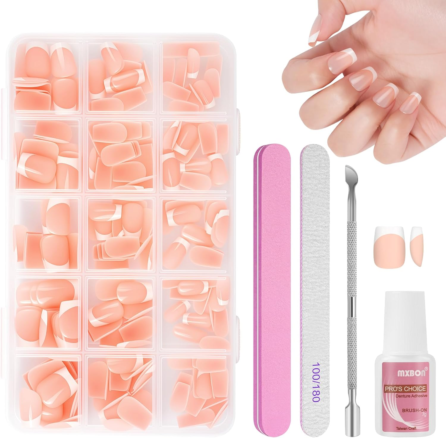BUTBU Pack of 240 French False Nails, Glossy Gl&auml;nzend Ballerina Nails to Apply to French Nails, Reusable, Full Coverage for Women and Girls