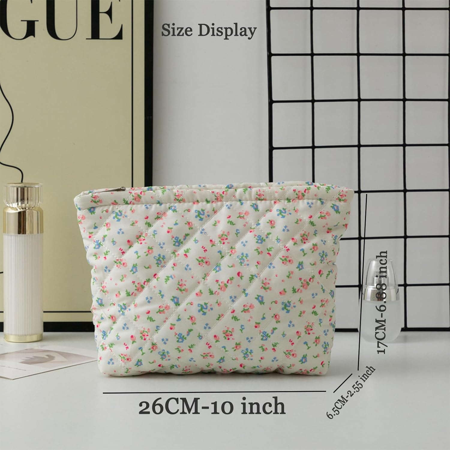 Quilted Makeup Bag, Cute Floral Cosmetic Bag for Women, Cotton Make up Bag, Flower Travel Toiletry Bag Organizer Large image number 3