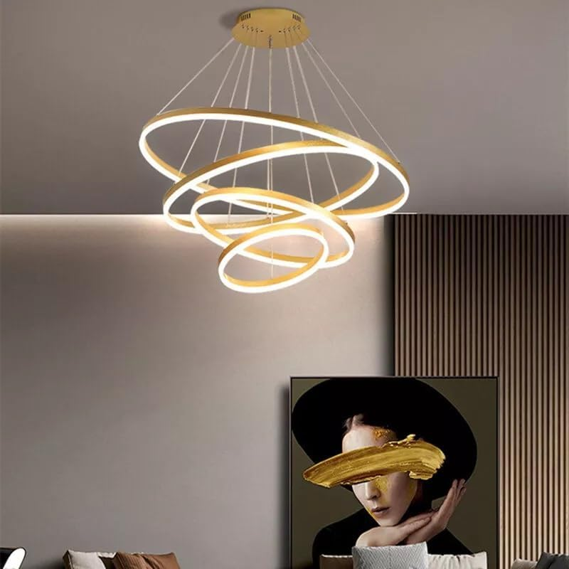 BAMDECOR Modern LED Chandelier, Dimmable Pendant Light with Remote Control Rings round Ceiling Lighting Fixture 3 Color Temperatures Contemporary Chandeliers (4 Rings-Gold) image number 3
