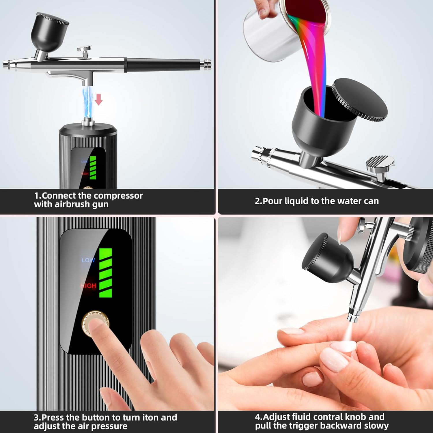 Airbrush Kit with Compressor - 48PSI High-Pressure, Non-Clogging Air Brush Set Cordless Rechargeable with 0.3Mm Nozzle and Cleaning Brush for Nail Art, Makeup - Pink image number 6