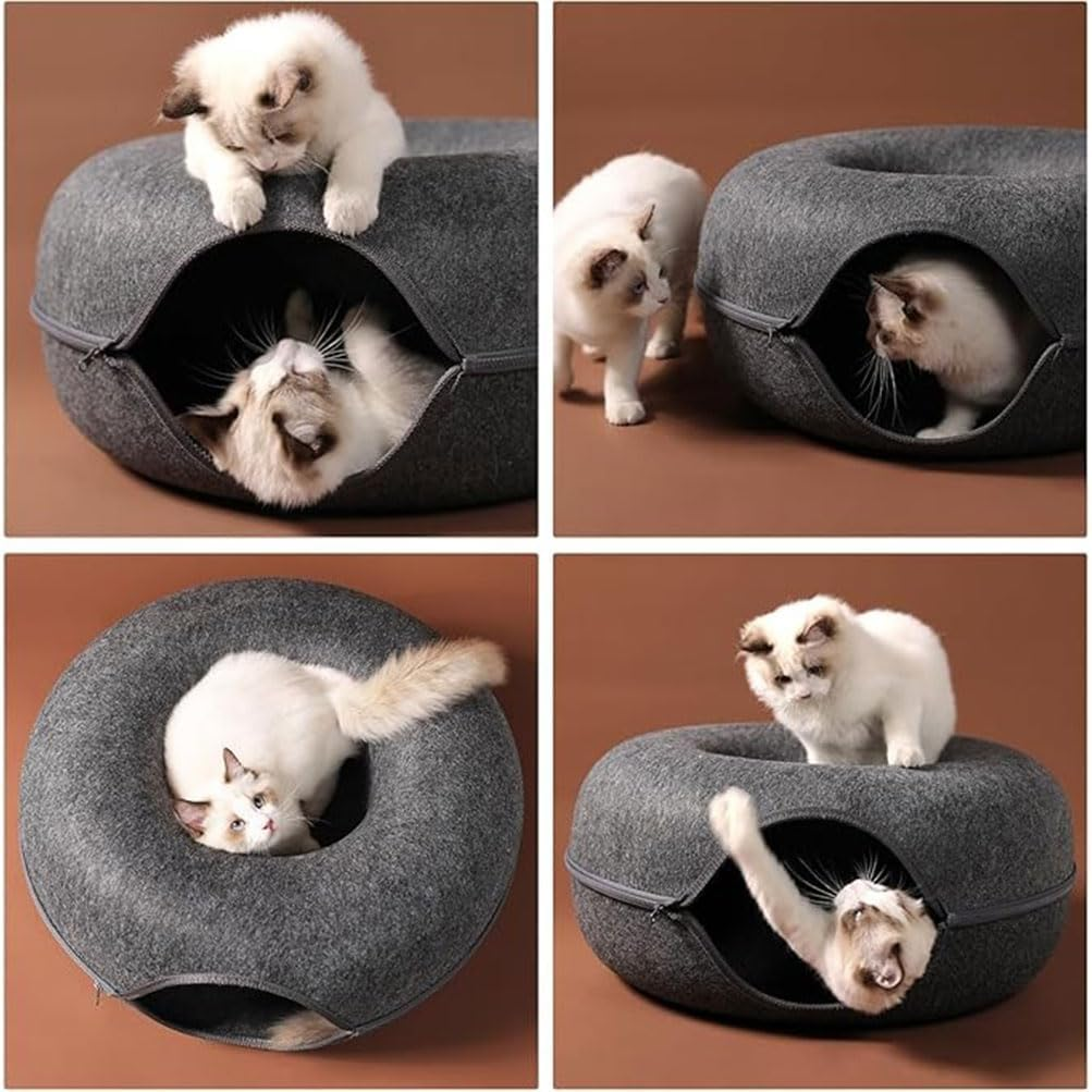 Felt Cat Bed, Zipper Design Cats Tunnel Beds, Semi Enclosed Detachable Cat Beds, Seasons Universal Cats Bed Donut Tunnel Cating for Kittens, Puppies and Small Dogs (Medium/50 * 50 * 20 CM)