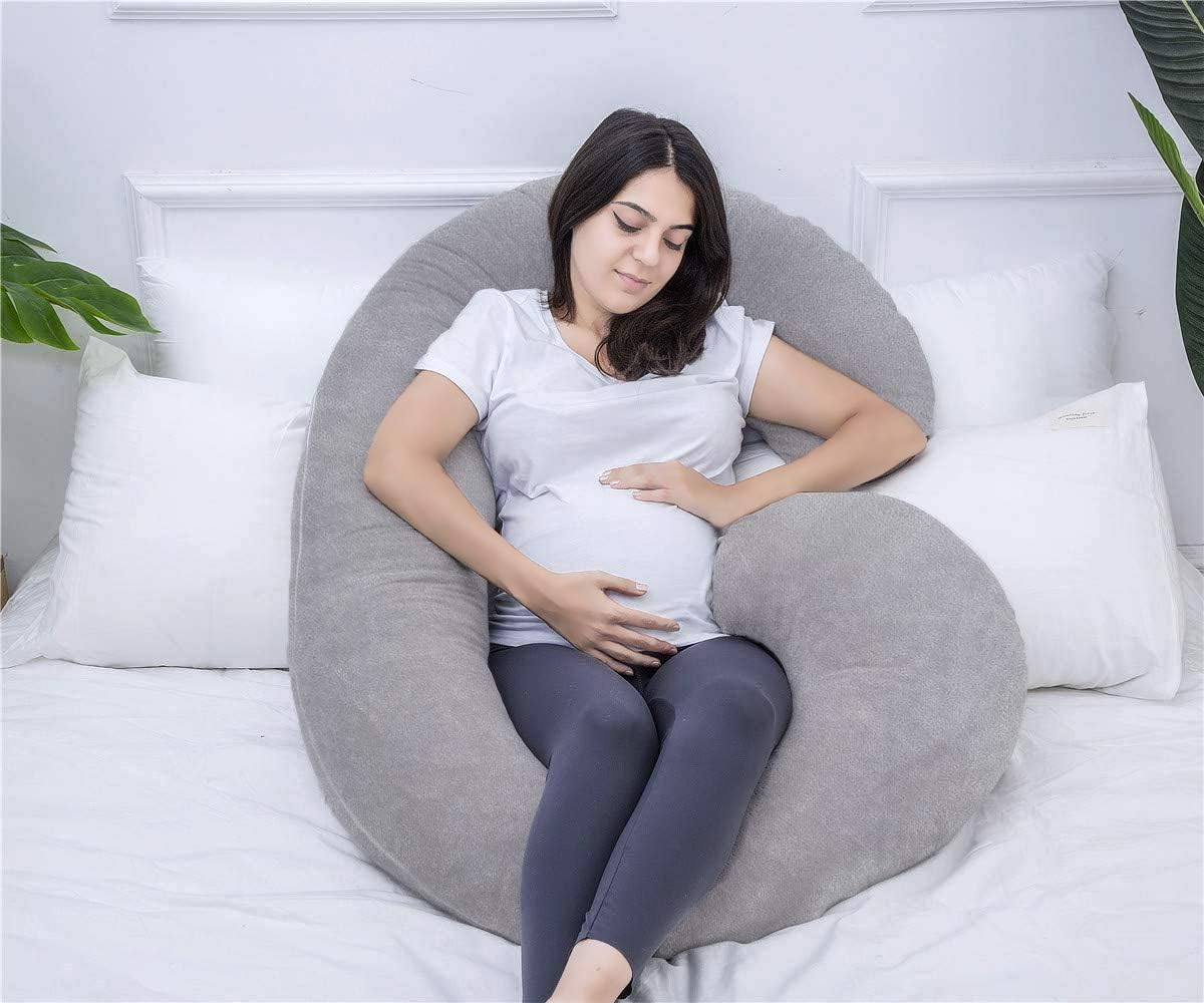Pregnancy Pillow, C Shaped Full Body Pillow for Maternity Support, Pregnant Women Sleeping Pillow with Velvet Cover (Dark Grey) - Green image number 4