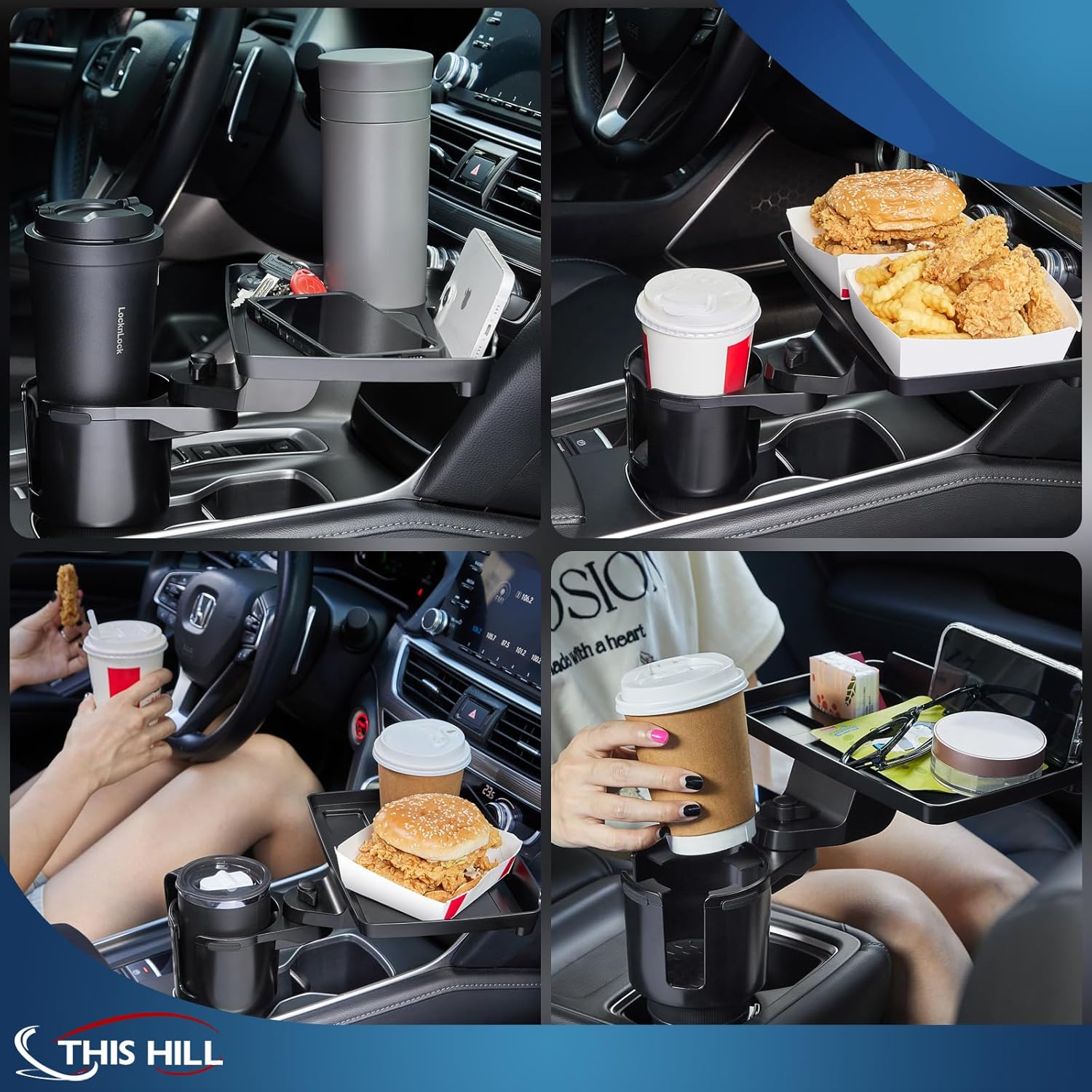 This Hill Cup Holder Tray for Car, 2 in 1 Detachable Car Food Table Tray with Solid Base & Phone Slot,Car Cup Holder Expander with 360&deg;Rotation Tray for Travel Road Essentials Accessories image number 3