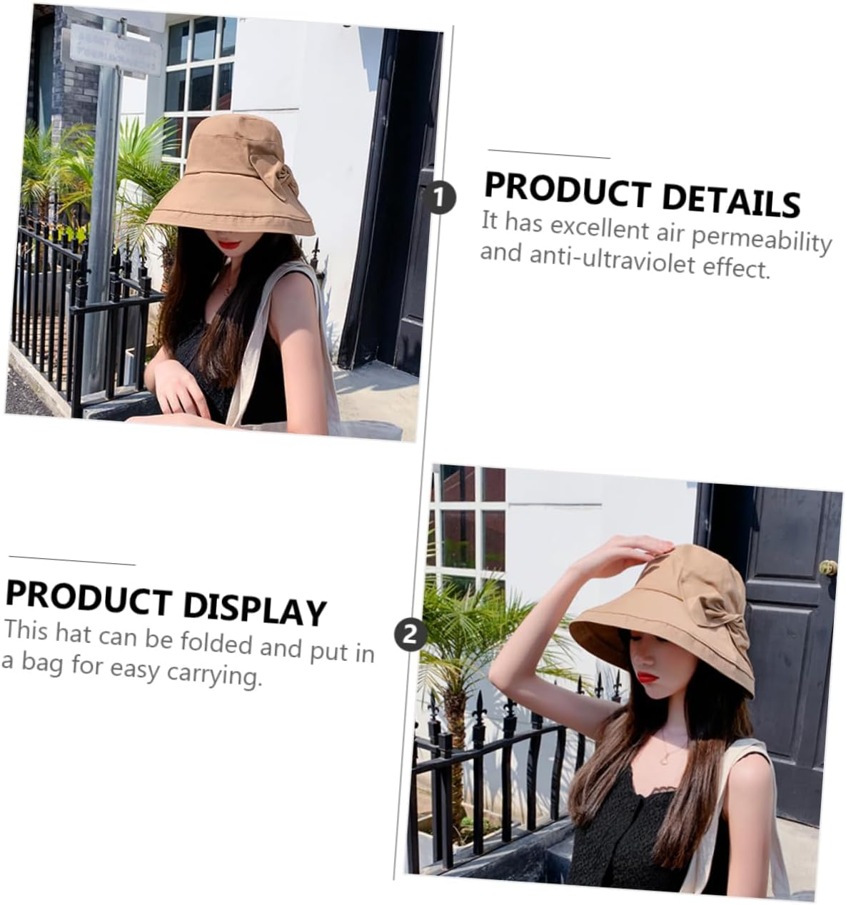 OHPHCALL 1 PC Sun Protection Hat Women'S Bucket Hats for Women Summer Beach S for Foldable Outdoor Foldable Cotton Bucket Washed Sunshade for Black - Beige image number 2