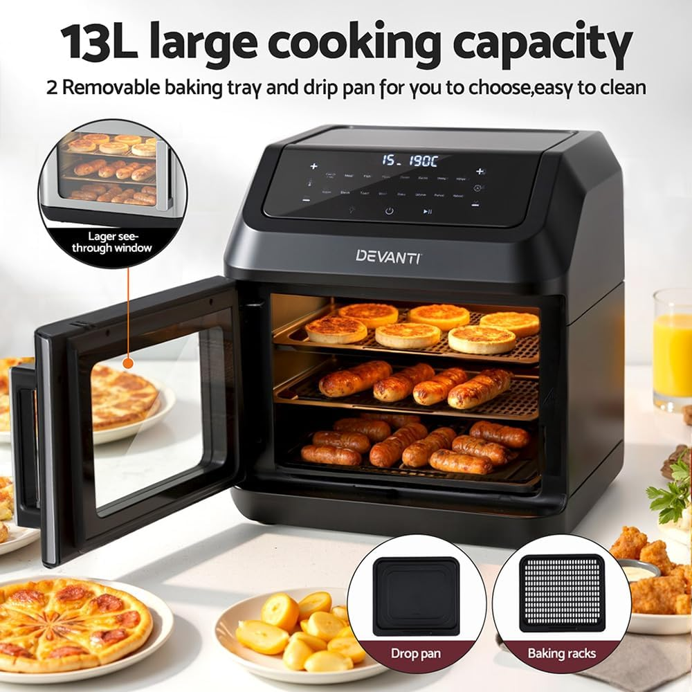 Devanti Air Fryer Oven, 13L 2000W Stainless Steel Airfryer Electric Cooker Deep Fryers Baking Tray Kitchen Household Small Kitchens Appliances, with 17 Cooking Presets and LCD Touch Control Panel image number 6