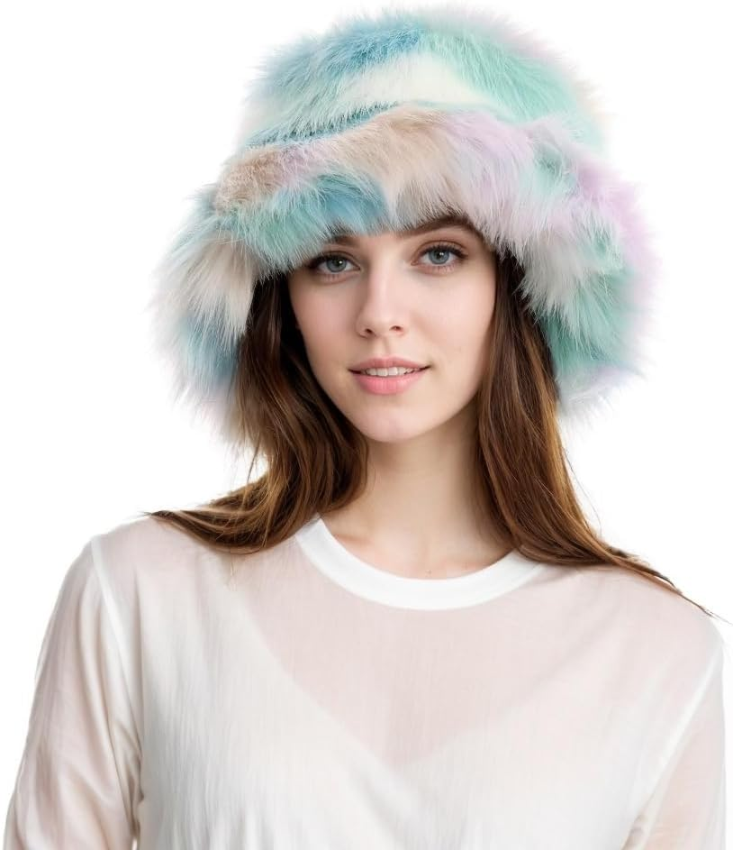 Tngan Rainbow Bucket Hat for Women Cute Faux Fur Fisherman Hat Fuzzy Winter Warm Cap Fluffy Hat for Outdoor Activities