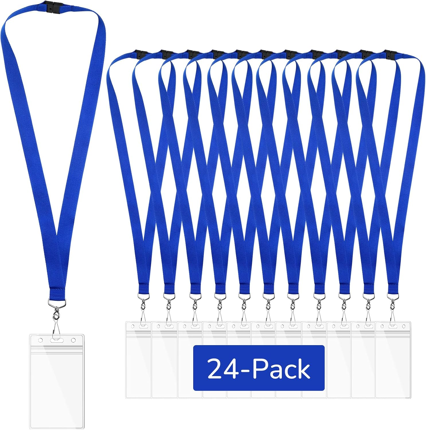 12-Pack Blue Safety Breakaway Lanyards with Waterproof Badge Holders, Metal Hook, Polyester Neck Straps for ID Cards, Events, Office, and Schools