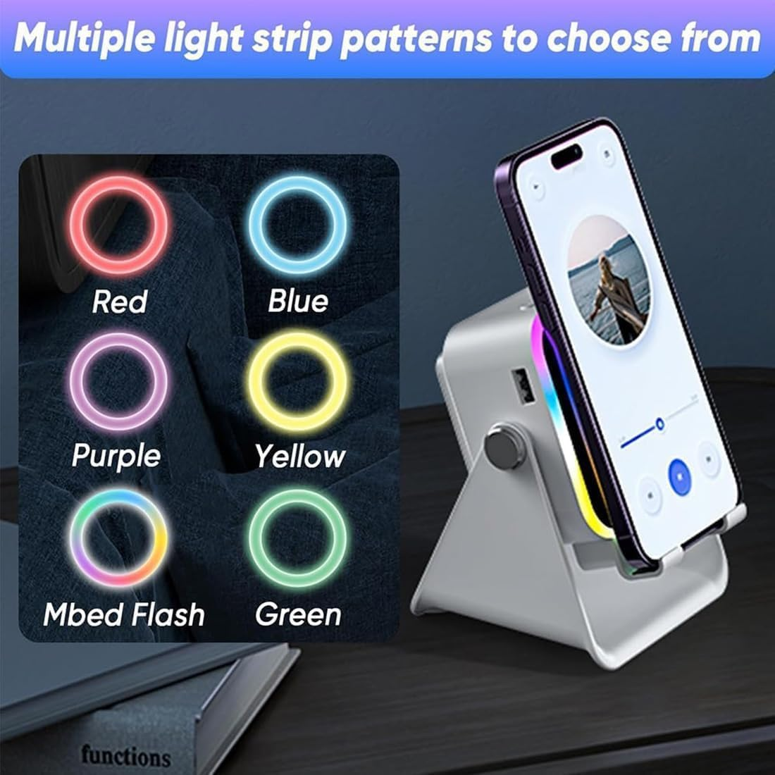 Willedup 5-In-1 Wireless Induction Bluetooth Speaker, with Adjustable Phone Stand, 360&deg; Adjustable Holder, RGB Ambient Light Fast Connect (White) image number 6