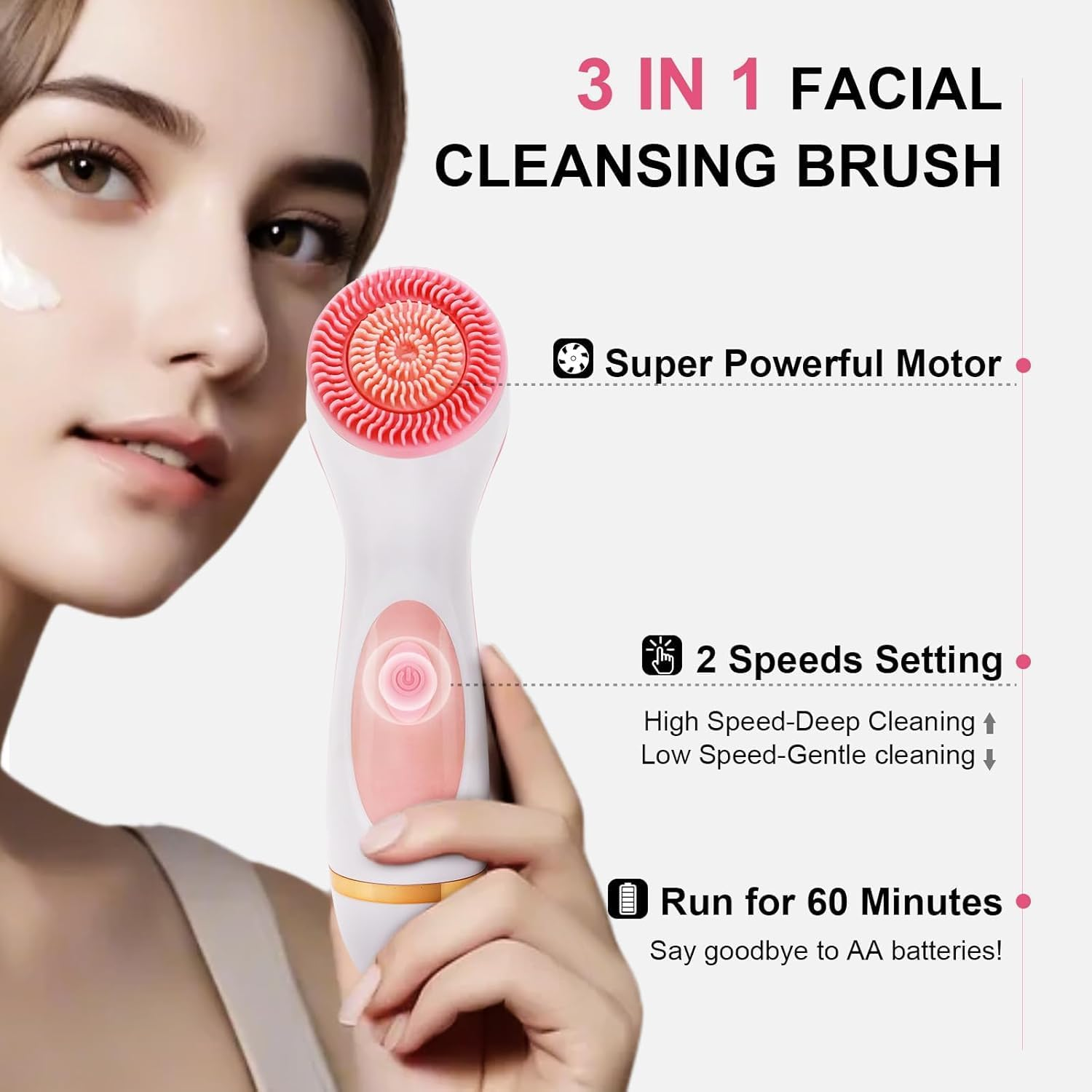 Waterproof Rechargeable Facial Cleansing Brush - Deep Cleansing & Exfoliating Face Scrubber W/ 3 Brush Heads, 2 Speeds, Dual Rotation