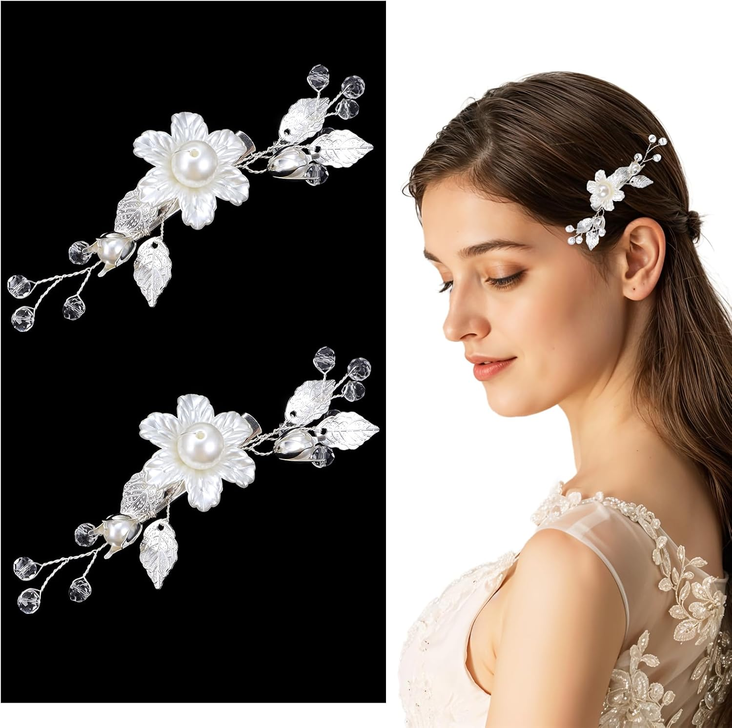 Pack of 2 Silver Flower Pearl Bridal Hair Accessories, Silver Hair Pins Wedding, Hair Accessories for Women and Girls image number 5