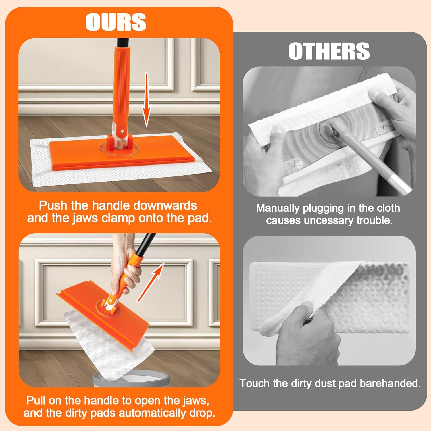 JEHONN Sweeper Mop Compatible with Swiffer Pads, 2-In-1 Starter Kit for Multi Surface Cleaning, Disposable Floor Duster, 10 Dry Sweeping Cloths, 10 Wet Mopping Refills for Kitchen Wall Window image number 3