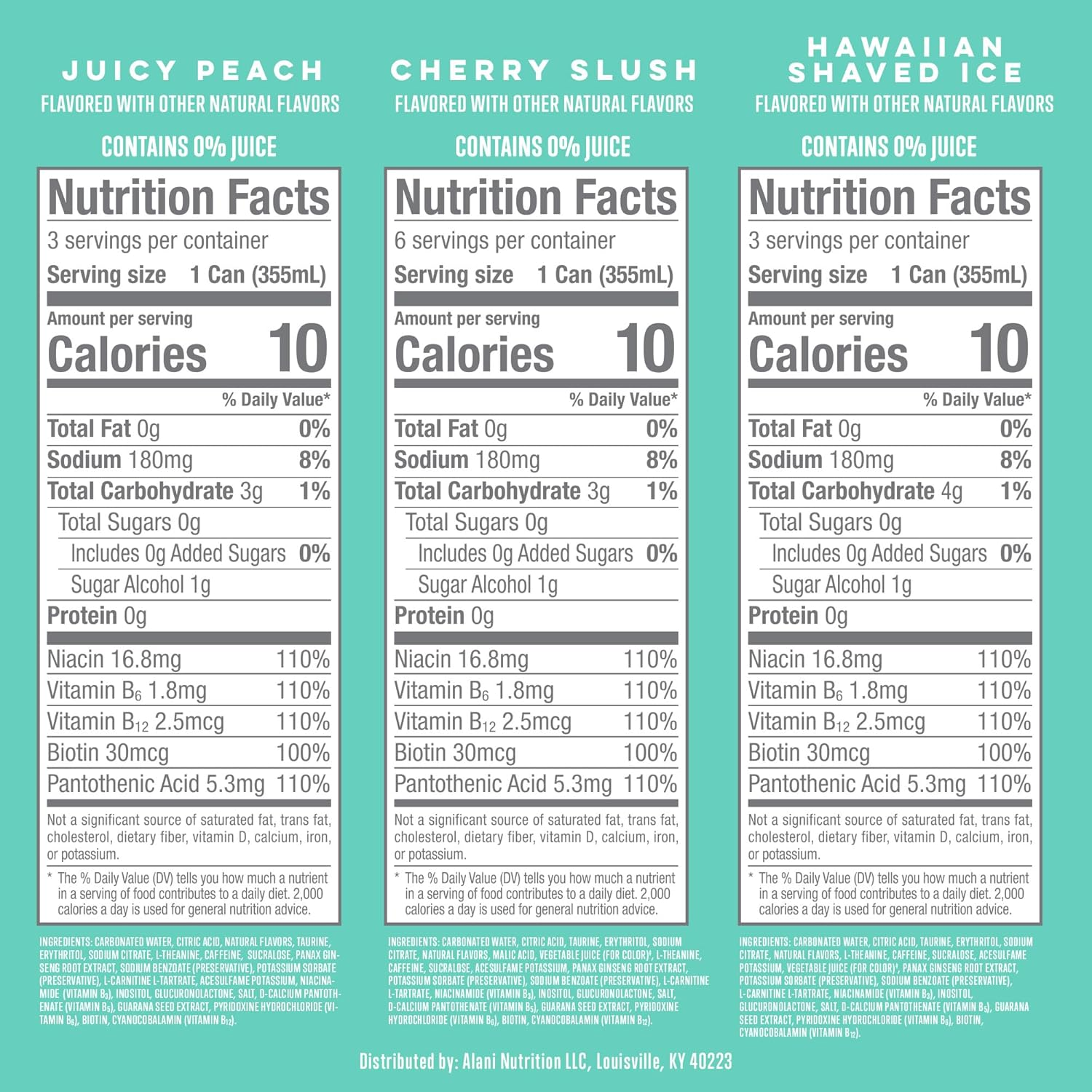 Alani Nu VARIETY PACK CHERRY SLUSH, JUICY PEACH, HAWAIIAN SHAVED ICE Sugar Free, Low Calorie Energy Drinks, 200Mg Caffeine, Biotin B Vitamins, Zero Sugar, 10 Calories, 12 Fl Oz Cans, 12 Pack image number 2