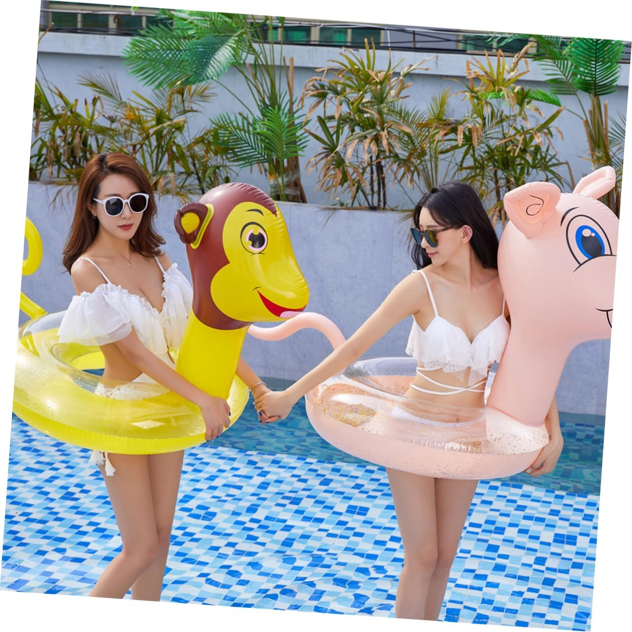 WOONEKY Inflatable Cartoon Monkey Pattern Swim Ring for Adults, Thickened PVC Water Playing Ring with Sequins, Summer Pool Floating Toy for Water Entertainment