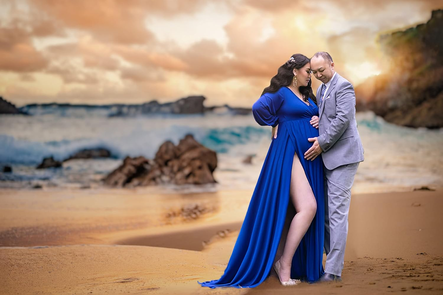 Choiyubella Maternity Gown Bishop Sleeves Baby Shower Dress Wrap Side Slit Sweetheart Maxi Photo Shoot for Photography image number 5