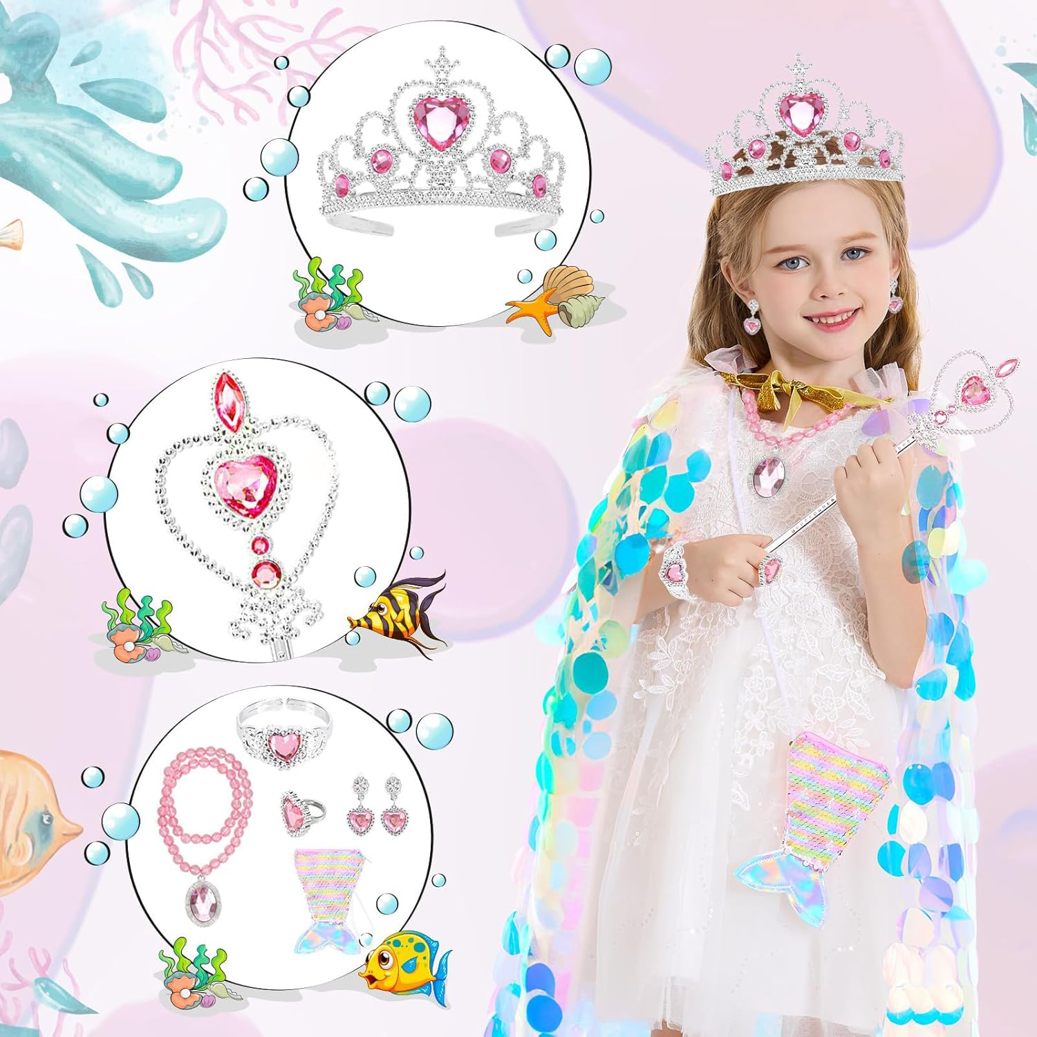 MOTYYA Princess Dress up Clothes for Girls, 9Pcs Rainbow Mermaid Cape Kit Princess Dress up Costume Toys Gift Set for Little Girls 3-8 Years Old, Party Favors Birthday Great Gift Set image number 5