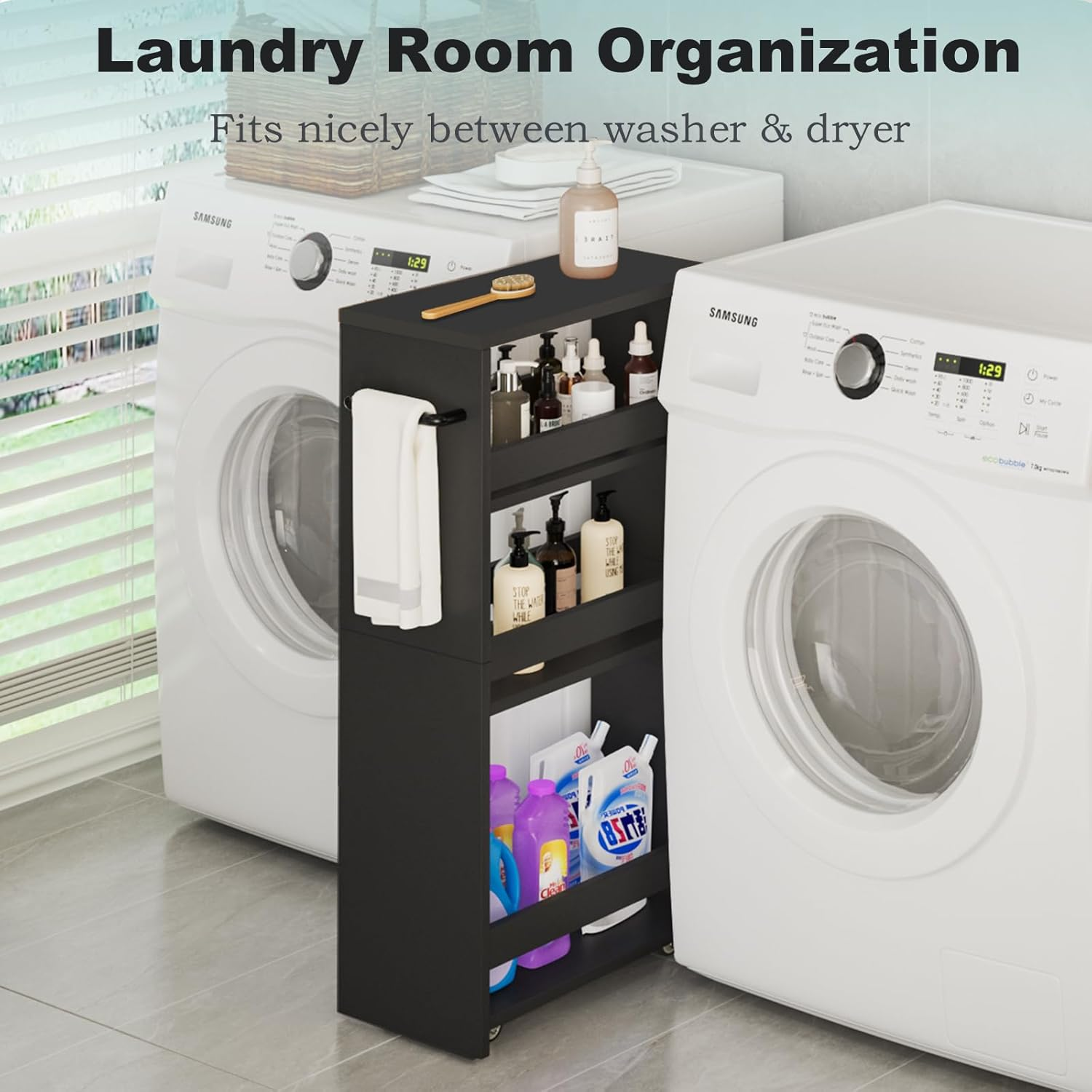 MARTY Rolling Storage Cart 7.9" W, 4-Tier Kitchen Cart with Wheels Handle, Slim Storage Cart Mobile Shelving Utility Carts for Bathroom Laundry Room Organization Narrow Places (All Black) image number 4