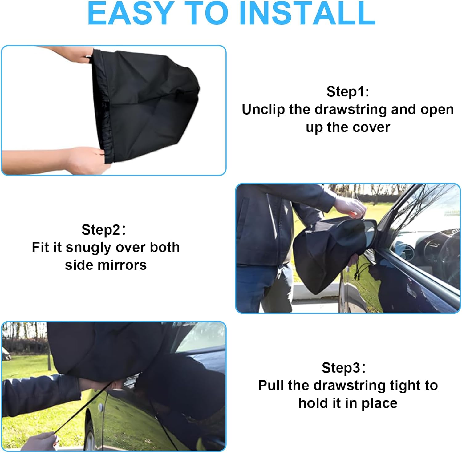 Side Mirror Cover, 4PCS Car Side Mirror Snow Cover Protects from Ice Snow Frost Dew Rain Bird Poop, Auto Rearview Protection Cover Universal Size for Cars, Black image number 4