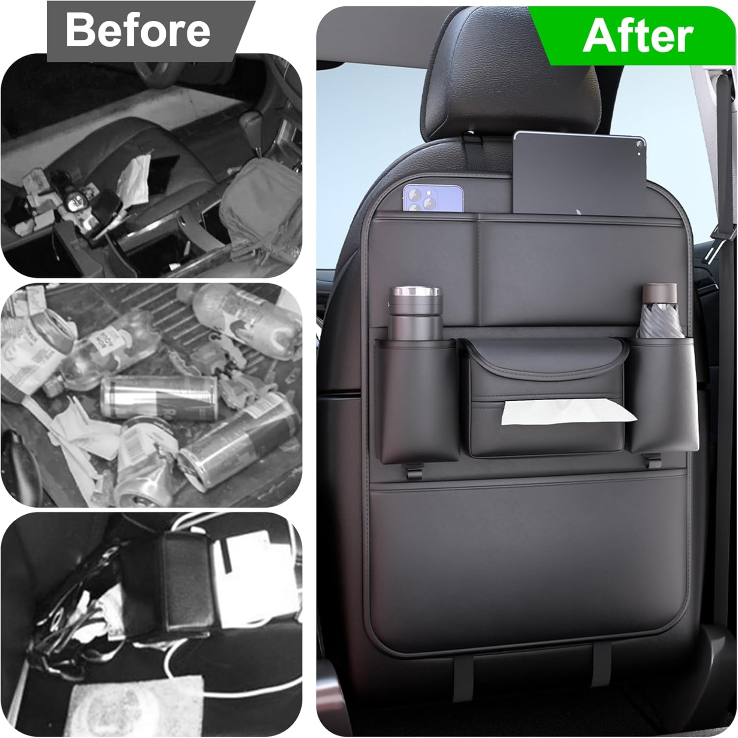 Car Seat Protector for Child Kids, Auto Seatback Kick Mat & Backseat Organiser, Universal Waterproof Anti-Fouling Nappa Leather Upholstery Protection Accessories for SUV, Sedan, Truck (Black) image number 3