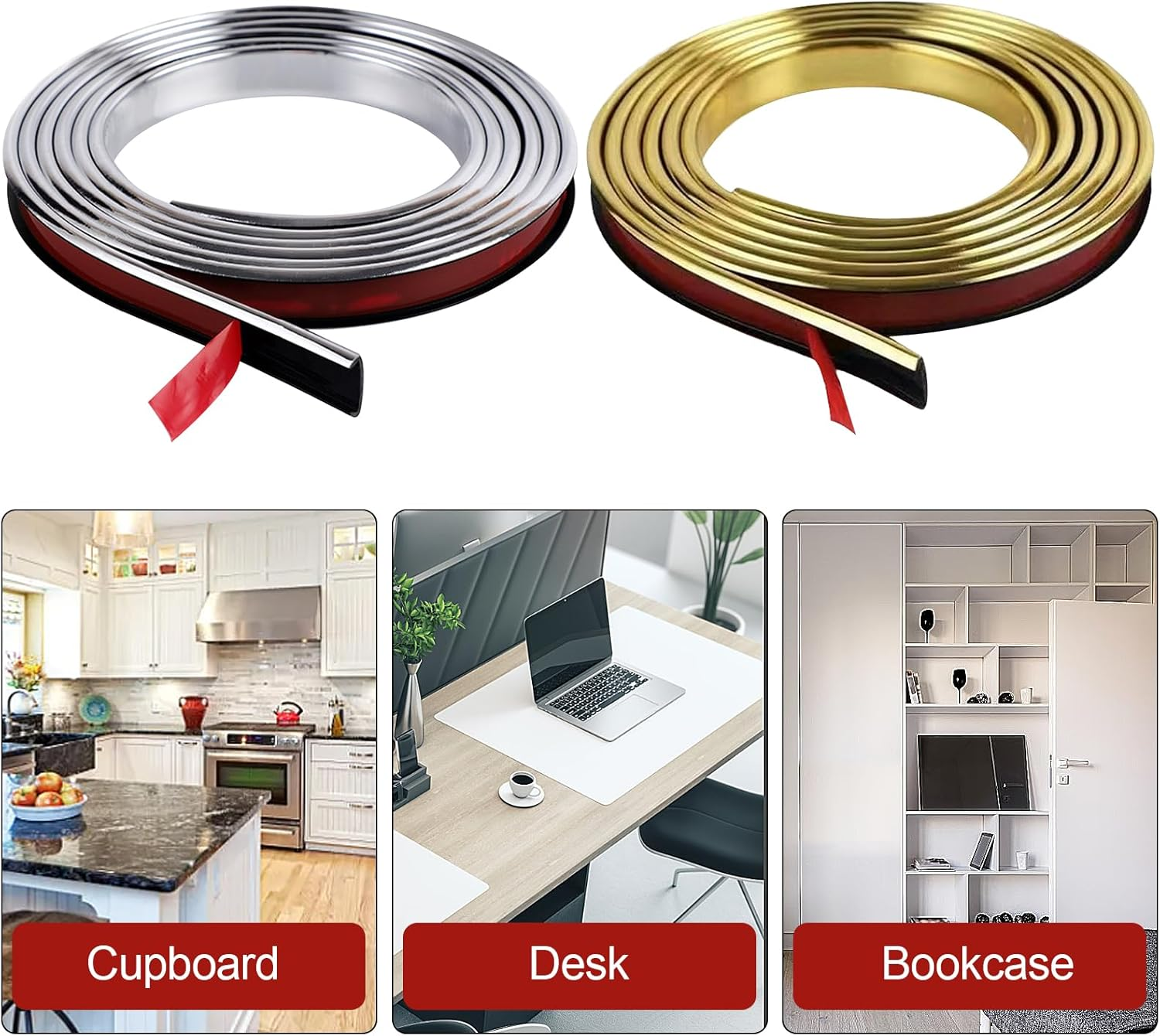 U-Shape Edge Banding, 5M/16.4Ft Self Adhesive Waterproof Metallic Flexible Furniture Edge Protector, Soft Protective Edging Trim for Cabinet, Table (Silver, 15Mm) image number 3