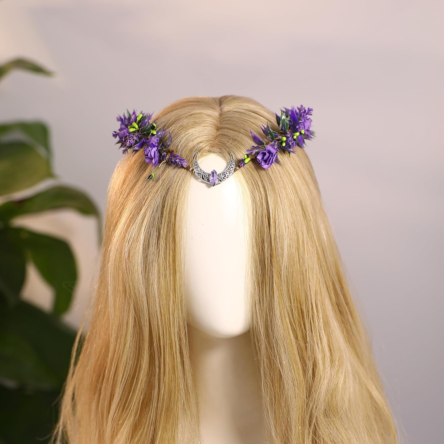 MOSTORY Purple Elf Headpiece for Women Moon Fairy Headpiece for Renaissance Party Flower Fairy Crown for Halloween Photo Shoots image number 1
