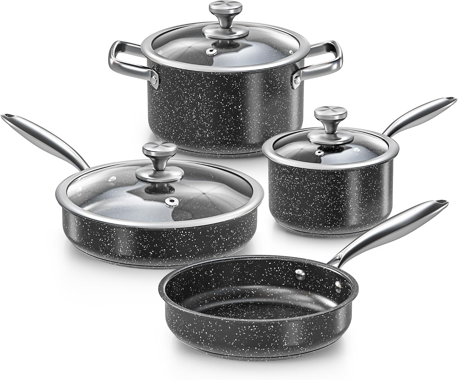 ASKSCICI 7-Piece Nonstick Granite Induction Stainless Steel Pots and Pans Set with Frying Pans & Saucepans - Non-Toxic, PFOS & PFOA Free, Oven Safe, Suitable for All Stoves, Dishwasher Safe, Black