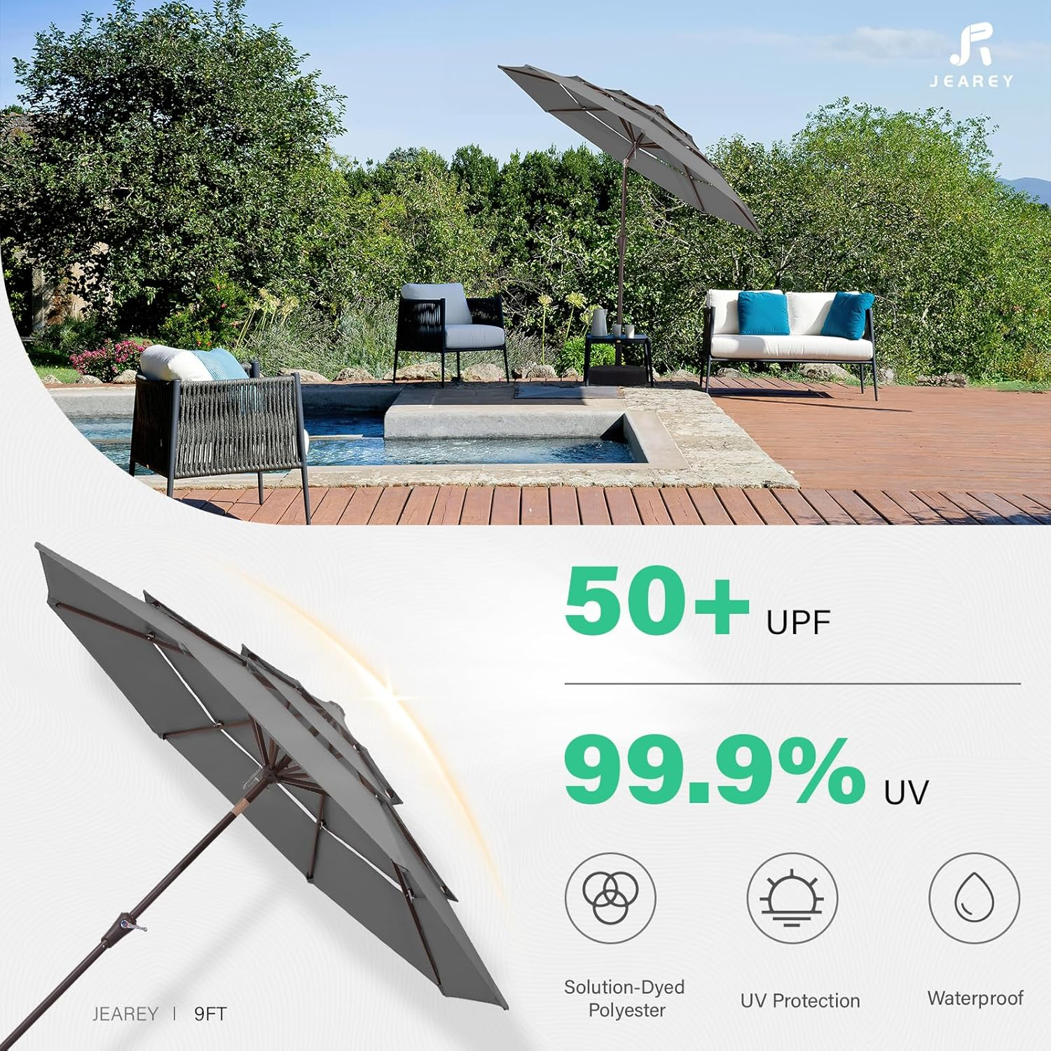 JEAREY 9FT 3 Tiers Patio Umbrella Outdoor Market Umbrella Table Umbrellas image number 4