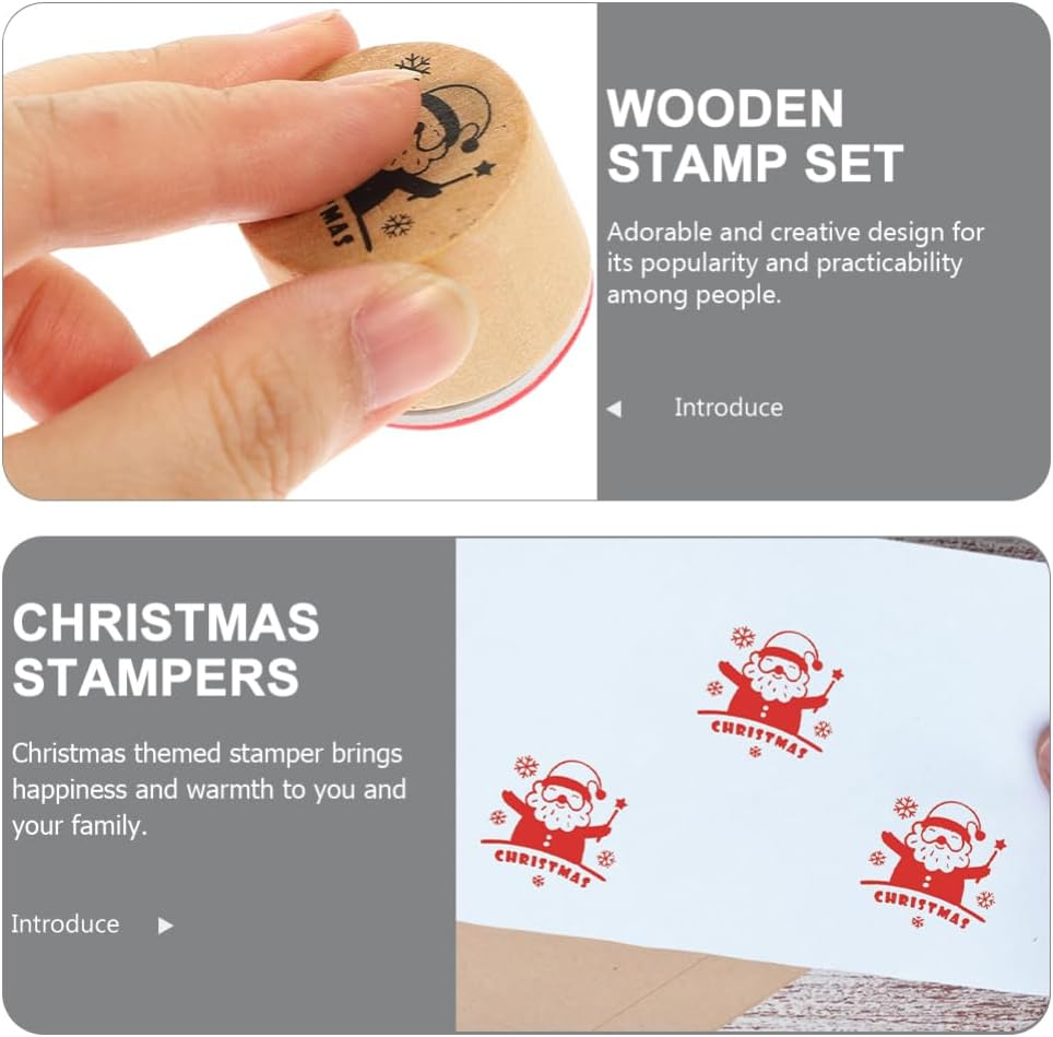 12 Pieces Merry Christmas Wooden round Rubber Stamps: Xmas Floral Craft Ink Pads Mixed Craft Stamps for Party Decor Scrapbooking Cards image number 4