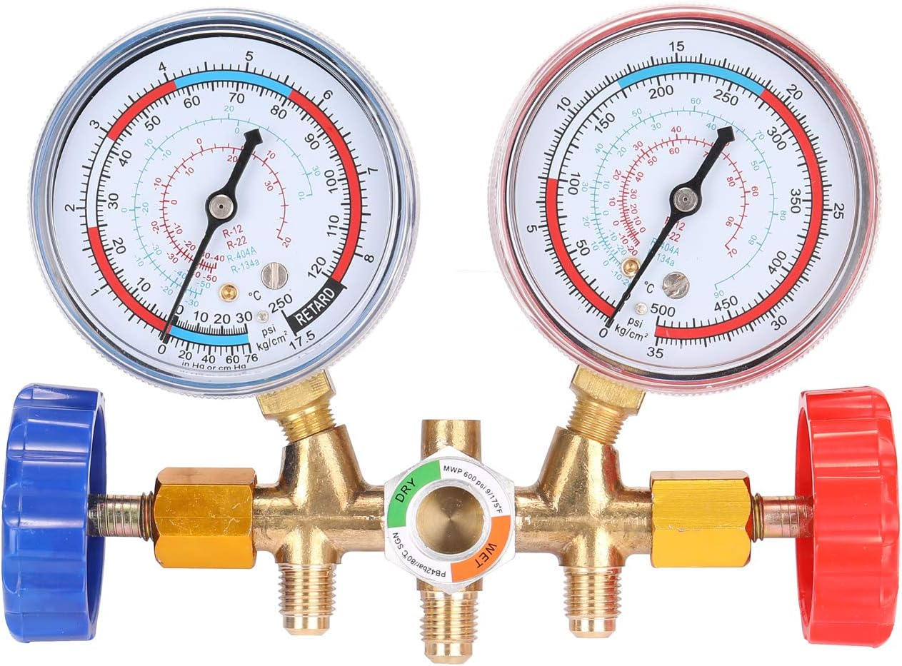 3 Way Refrigerant Gauge AC Diagnostic Manifold Freon Gauge Set Refrigerants with Couplers and Acme Adapter image number 4