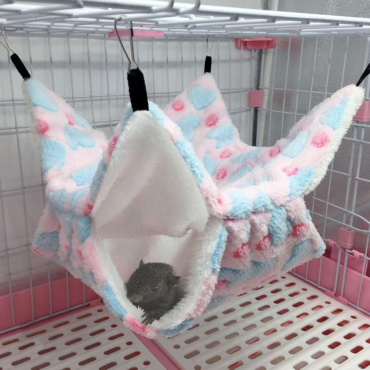 TRADERPLUS 2 Pcs Guinea Pig Rat Hammock Small Pet Warm Plush Bunkbed Hanging Hammock Cage Accessories for Bunkbed Sugar Glider Hamster Ferret Parrot Squirrel Playing (Pink+Blue)