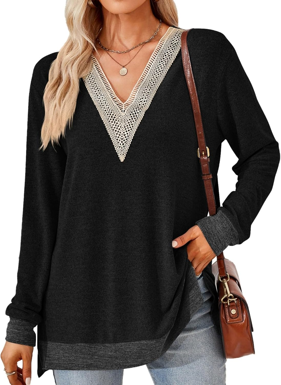 Womens Long Sleeve Shirts V-Neck Lace Tops Women'S Tops Long Sleeve V-Neck Shirts Fall Tops for Women Lace Shirt.