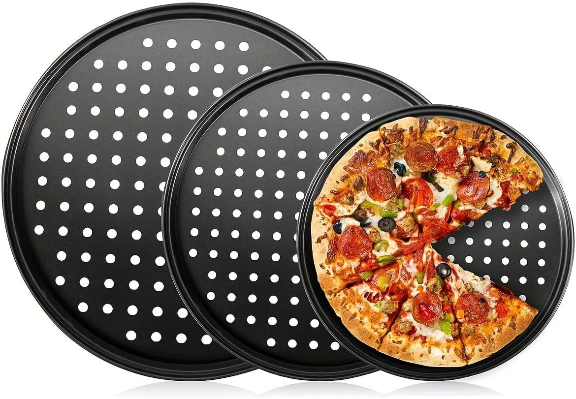 AIMALL 3-Piece Carbon Steel Pizza Pan Set - round Perforated Baking Tray with Airflow Holes, Non-Stick Crisper Pan for Even Heating, Restaurant-Grade for Oven/Grill (9.44", 10.23", 11.02") image number 2