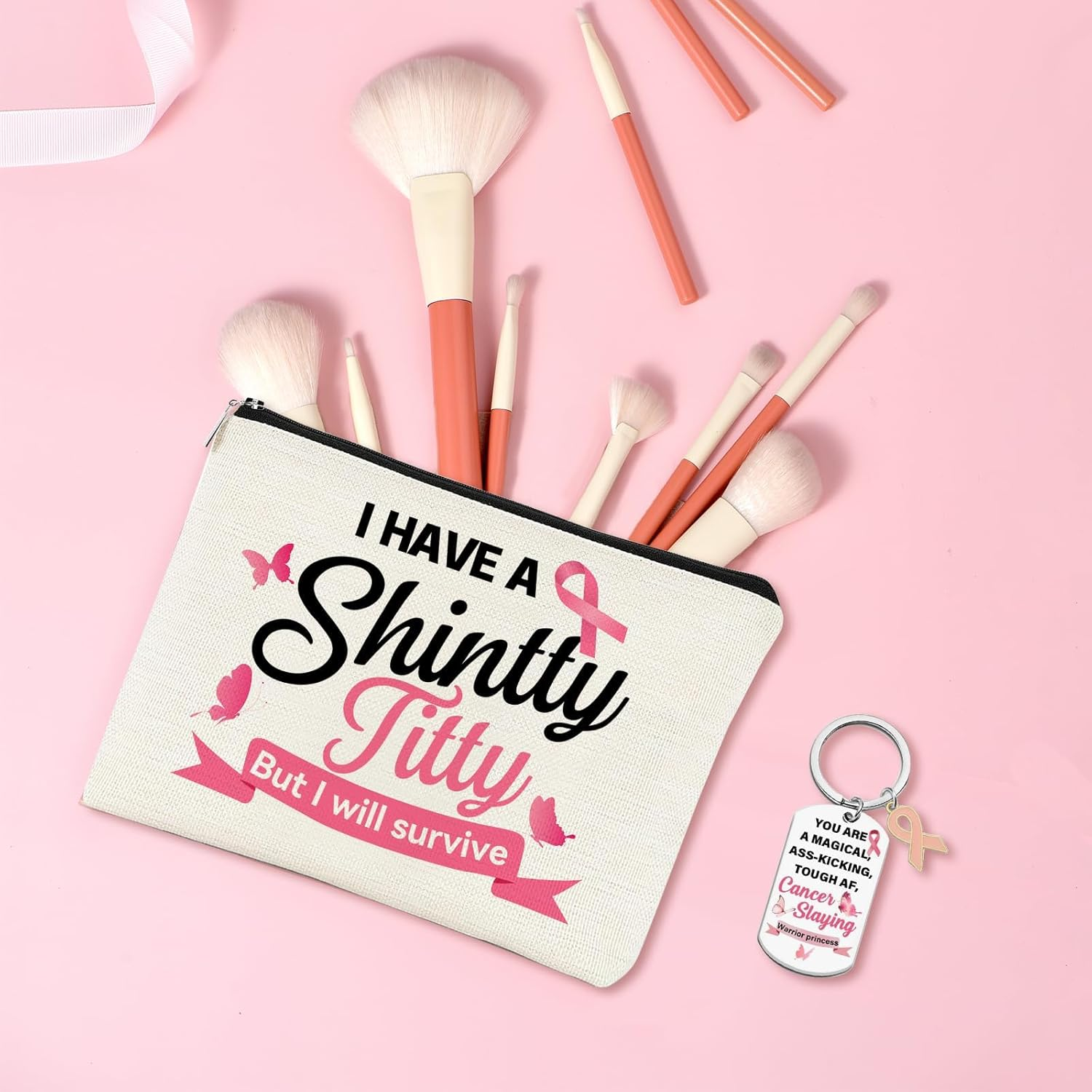 Kuskins Breast Cancer Survivor Gift Set for Women - 2Pcs Makeup Bag and Keychain,Pink Ribbon Awareness Toiletry Bag Set for Women, Survivor Inspirational Gifts image number 4