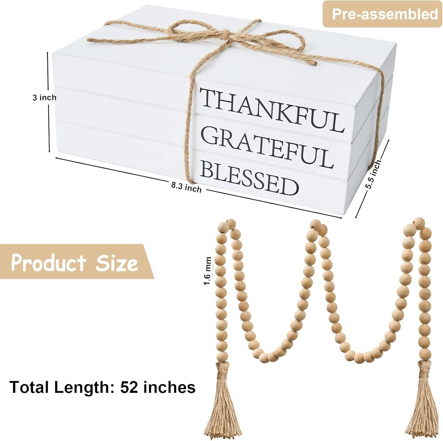 Decorative Books for Home Decor, White Faux Books for Decoration, Rustic Farmhouse Stacked Display Books (Thankful Grateful Blessed) image number 2