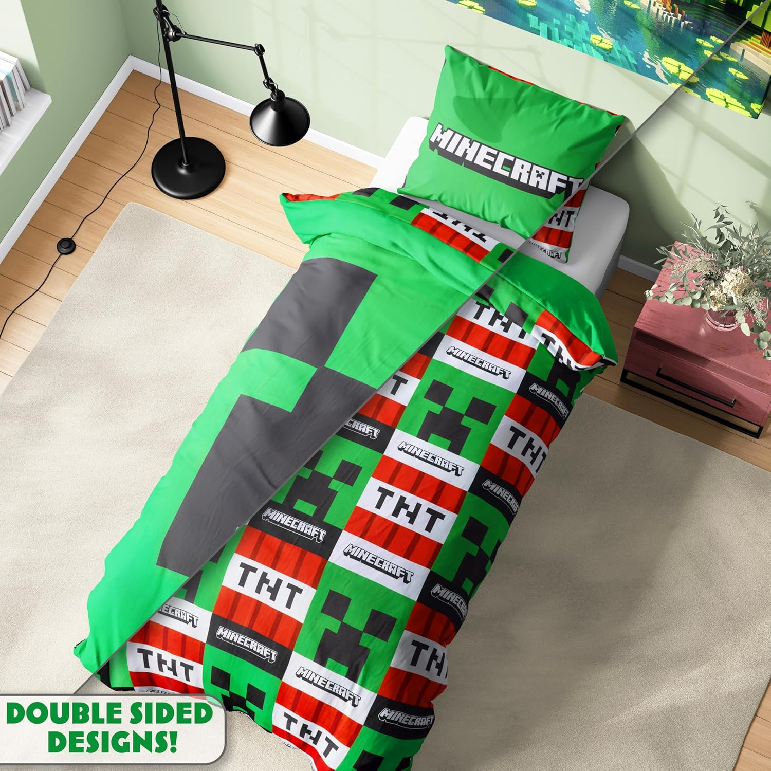 Get Trend Minecraft Single Duvet Cover Set Kids & Teens, Reversible Bedding & Pillowcase for Boys & Girls, Bedroom Accessories, Anime Gifts for Boys (Green Minecraft, Single) image number 2
