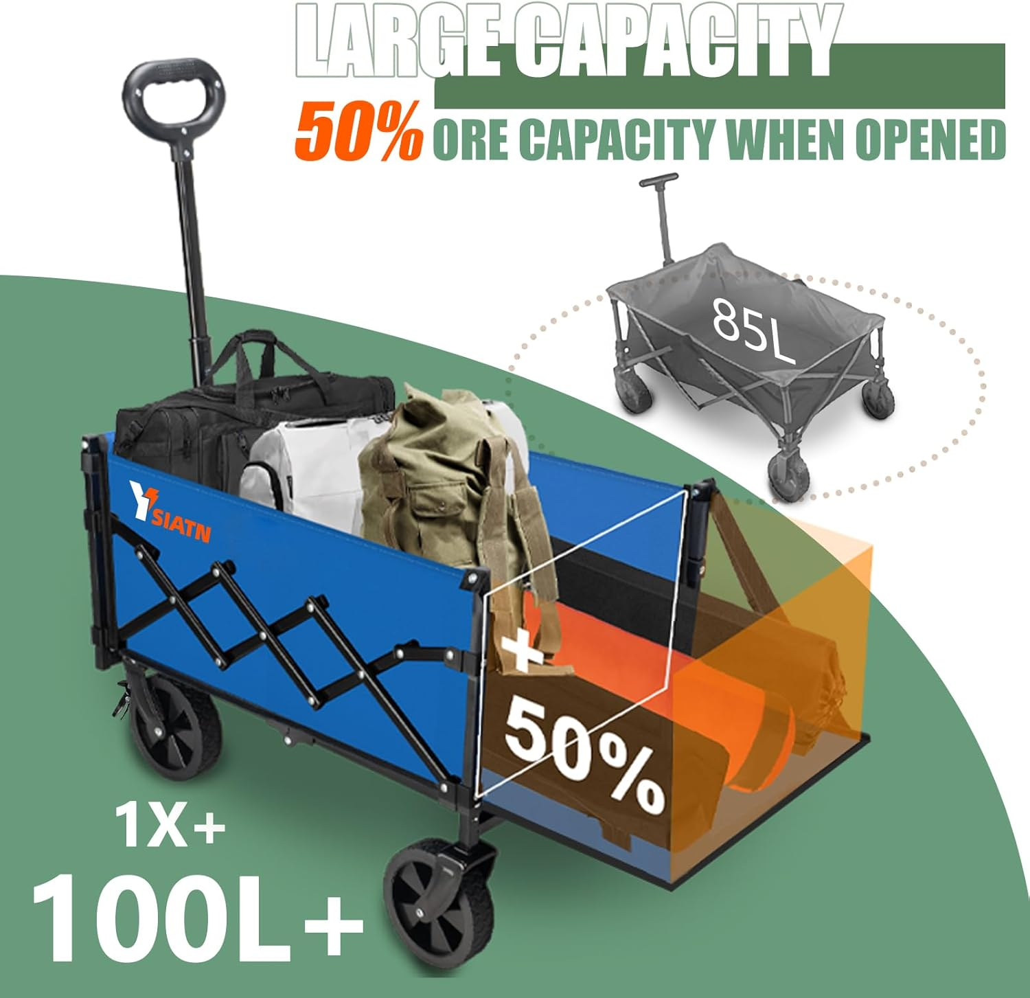 Collapsible Folding Wagon Cart with Tailgate - 300Lbs Heavy Duty Foldable Utility Wagon and Brake Wheels - 100L Lightweight Grocery Wagons for Shopping Camping Sports Garden, Blue image number 7