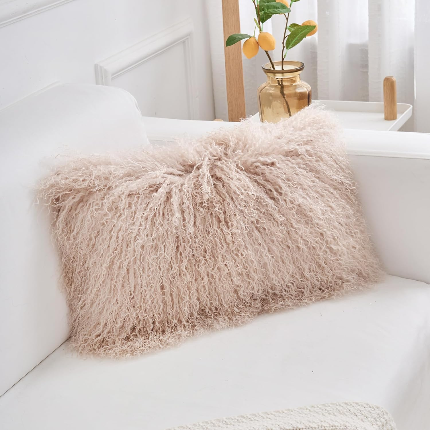 Genuine Mongolian Lamb Fur Pillow Cover &ndash; 30X50Cm Soft Curly Wool Cushion Case &ndash; Luxurious Decorative Accent for Sofa, Bed, or Chair (Dusty Pink) image number 4