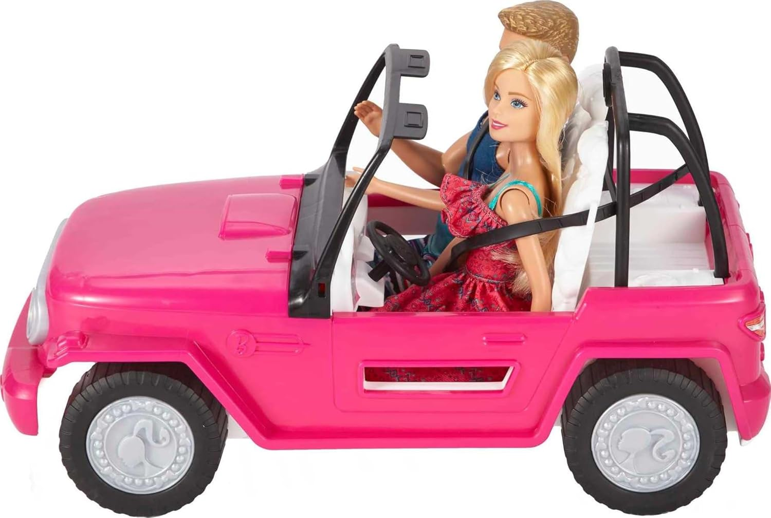 Barbie Beach Cruiser Set with Barbie and Ken Dolls, Pink 2-Seater Toy Car with Open Roof