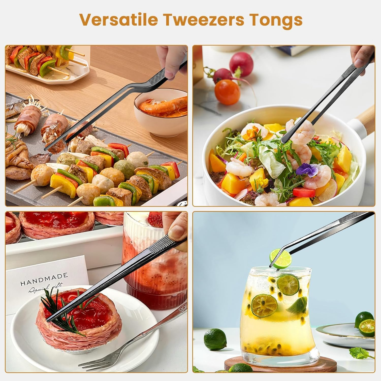 GEEKHOM Cooking Tweezers, [4 Pack] 12 Inch Fine Long Food Tongs Stainless Steel Kitchen Tongs Professional Cooking Tongs for Barbecue, Baking, Roasting, Dessert Decoration, Steak, Salad, Black image number 5