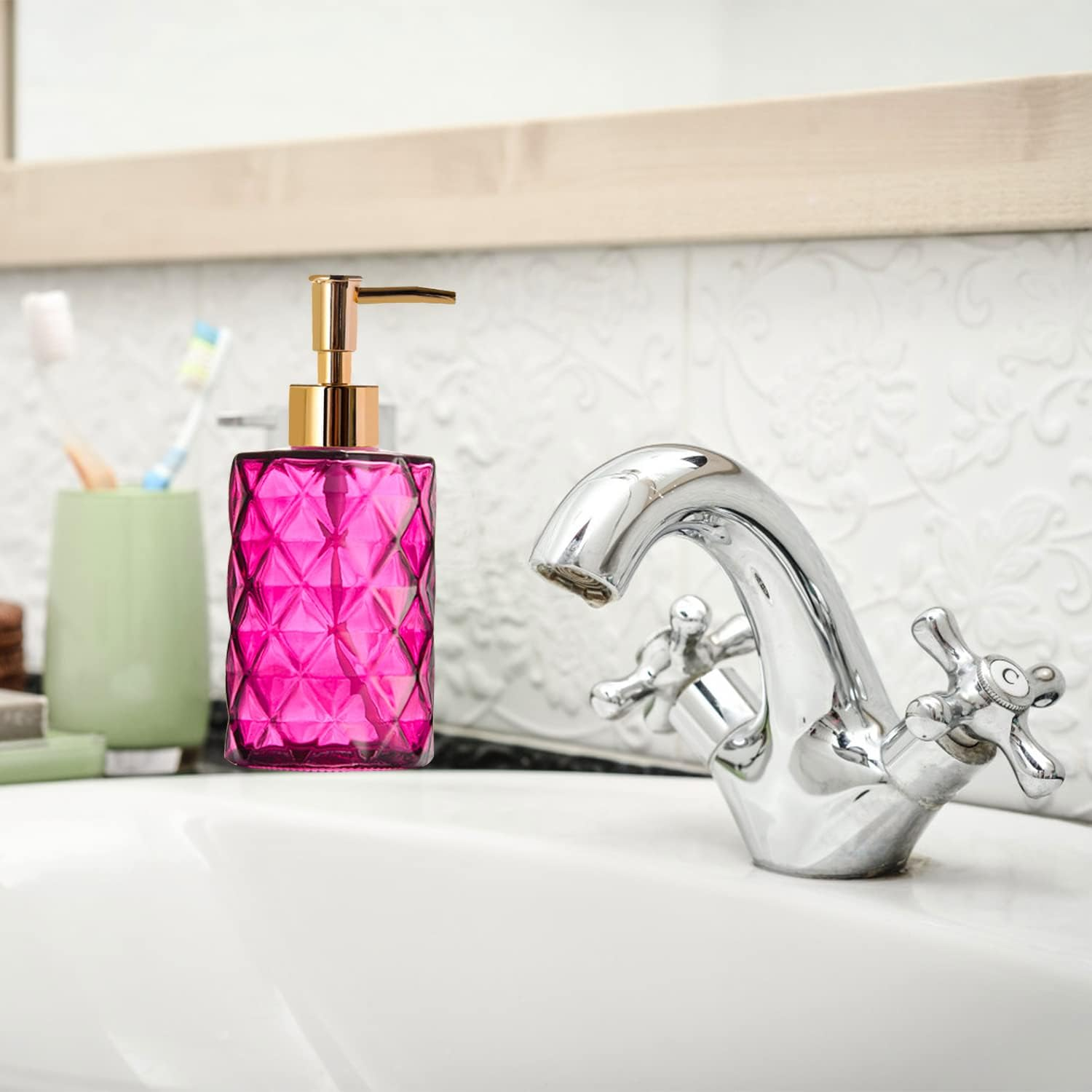 Glass Soap Dispenser,Crystal Refillable Wash Hand Liquid Clear Glass Bottle with Pump for Essential Oils, Lotions, Liquid Soaps,Dish Detergent(12 OZ Rose) - Blue,Transparent image number 6